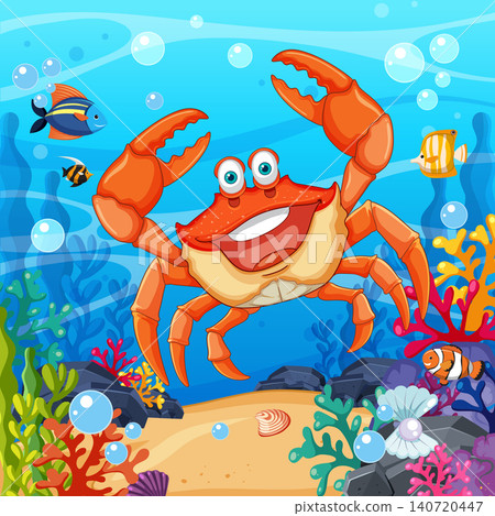 Happy Orange Crab Swimming in a Colorful Tropical Coral Reef Scene Happy Orange Crab Swimming in a Colorful Tropical Coral Reef Scene 140720447