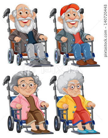 Elderly Men and Women Sitting in Wheelchairs Cartoon Vector 140720448