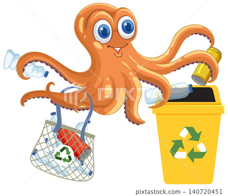 Cartoon Octopus Character Recycling Plastic Bottles and Cans into Yellow Bin Cartoon Octopus Character Recycling Plastic Bottles and Cans into Yellow Bin 140720451