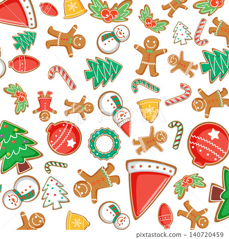 Seamless Pattern of Festive Gingerbread Cookies and Winter Holiday Symbols Seamless Pattern of Festive Gingerbread Cookies and Winter Holiday Symbols 140720459