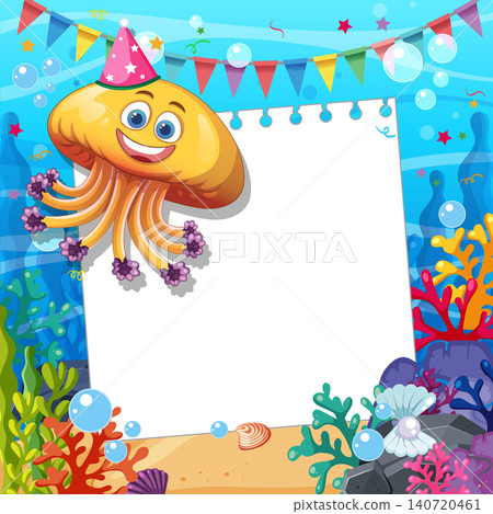 Cartoon Jellyfish Wearing Party Hat Next to Blank White Paper Cartoon Jellyfish Wearing Party Hat Next to Blank White Paper 140720461