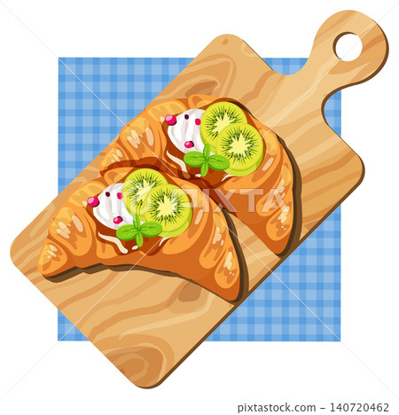 Croissants with Kiwi and Cream on Wooden Cutting Board Croissants with Kiwi and Cream on Wooden Cutting Board 140720462
