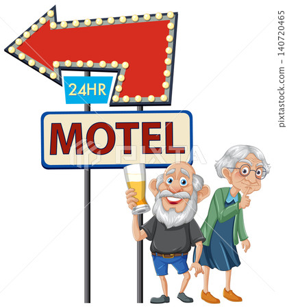 Elderly Couple Standing by 24-Hour Motel Sign Elderly Couple Standing by 24-Hour Motel Sign 140720465