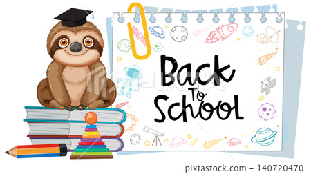 Cute Sloth Graduate Sitting on Books with Back to School Text Cute Sloth Graduate Sitting on Books with Back to School Text 140720470