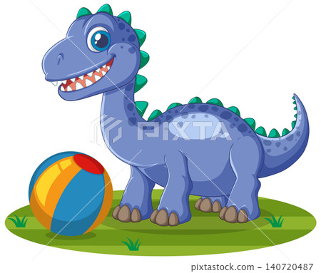 Cute Blue Cartoon Dinosaur Playing With Colorful Beach Ball On Grass Cute Blue Cartoon Dinosaur Playing With Colorful Beach Ball On Grass 140720487