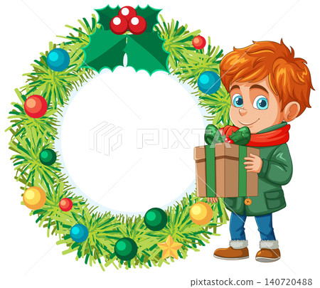 Cartoon Boy Holding Gift Box Next to Circular Holiday Wreath Cartoon Boy Holding Gift Box Next to Circular Holiday Wreath 140720488