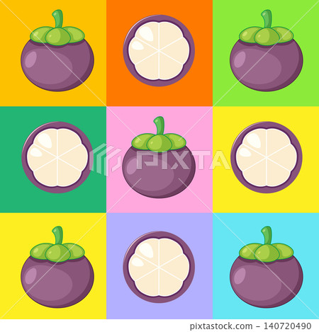 Seamless Pop Art Pattern of Whole and Halved Mangosteen Fruit Seamless Pop Art Pattern of Whole and Halved Mangosteen Fruit 140720490