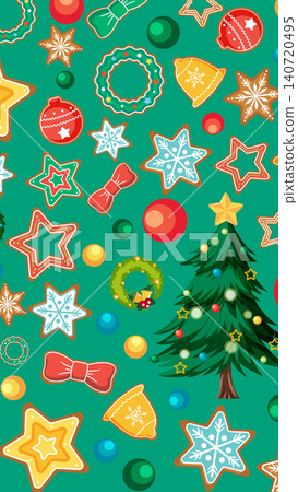 Festive Holiday Pattern with Gingerbread Cookies and Decorated Christmas Tree Festive Holiday Pattern with Gingerbread Cookies and Decorated Christmas Tree 140720495