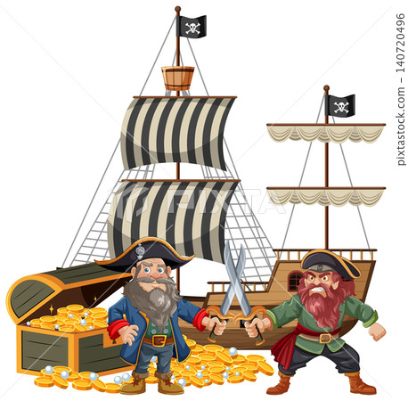 Two Pirates with Treasure Chest and Pirate Ship Illustration Two Pirates with Treasure Chest and Pirate Ship Illustration 140720496