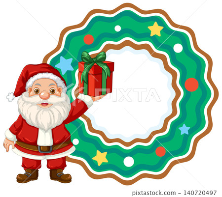 Santa Claus Holding Gift Box Next to Christmas Wreath Frame 140720497