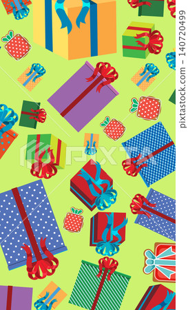 Vibrant Scattered Holiday Gift Boxes with Ribbons on Green Background Vibrant Scattered Holiday Gift Boxes with Ribbons on Green Background 140720499