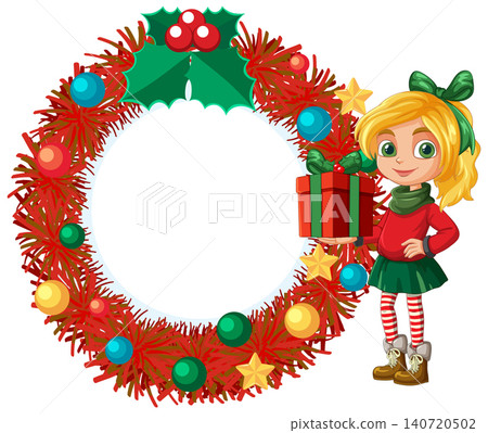 Cartoon Girl Holding Gift Box Next to Red Tinsel Wreath 140720502