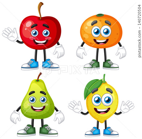 Set of Four Happy Cartoon Fruit Characters Waving and Smiling Set of Four Happy Cartoon Fruit Characters Waving and Smiling 140720504