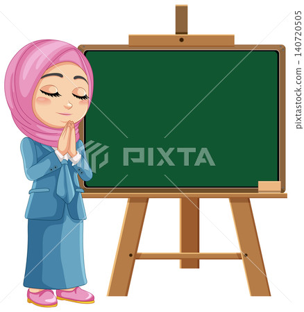 Muslim Female Teacher Praying Beside Blank Green Chalkboard Illustration Muslim Female Teacher Praying Beside Blank Green Chalkboard Illustration 140720505