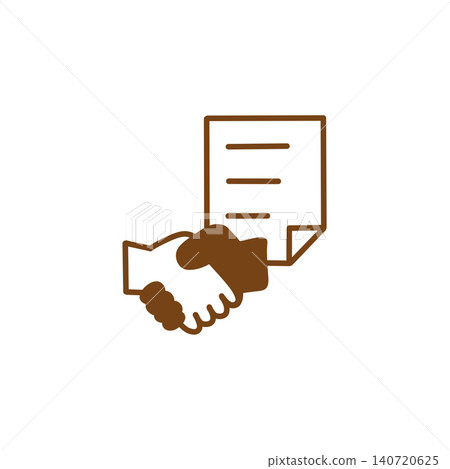 A brown illustration icon representing the signing of a contract, motifs of a handshake and documents, and a symbol of business and partnership. 140720625