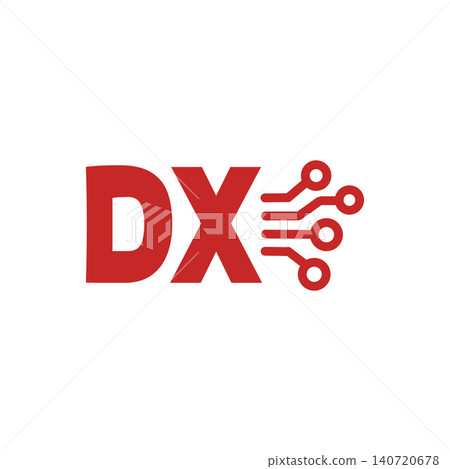Icons for DX logo, digital transformation, technology, and circuit boards. 140720678