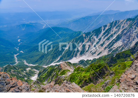 A magnificent view of the remaining snow on the Hakuba Daisekkei (Hakuba Great Snow Valley) from the summit of Mt. Hakuba on a clear summer day. A magnificent view of the remaining snow on the Hakuba Daisekkei (Hakuba Great Snow Valley) from the summit of Mt. Hakuba on a clear summer day. 140720876