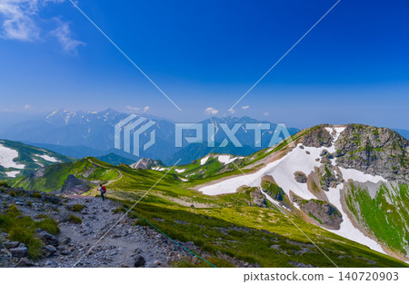 On a clear summer day, a panoramic view of the beautiful Northern Alps mountain range, with its remaining snow and fresh greenery, can be seen from the summit of Mt. Hakuba. On a clear summer day, a panoramic view of the beautiful Northern Alps mountain range, with its remaining snow and fresh greenery, can be seen from the summit of Mt. Hakuba. 140720903