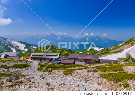A magnificent view of the Northern Alps from over the roof of the Hakuba Mountain Hut on a clear summer day. A magnificent view of the Northern Alps from over the roof of the Hakuba Mountain Hut on a clear summer day. 140720917