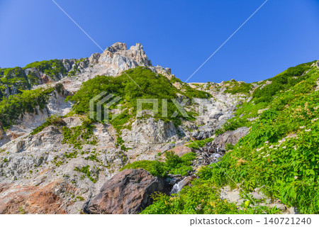 A clear summer day. A view of the rugged mountain slopes, with large rocks and beautiful fresh greenery, seen from the hiking trail of Mt. Hakuba. A clear summer day. A view of the rugged mountain slopes, with large rocks and beautiful fresh greenery, seen from the hiking trail of Mt. Hakuba. 140721240