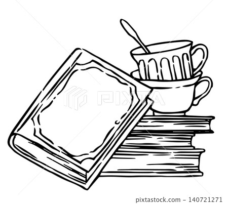 Books and a cup of tea. Cozy reading. Sketch illustration in vintage style. 140721271