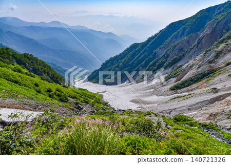 晴朗的夏日,一群健行者正穿越北阿爾卑斯山的白馬大雪谷,雪原景色壯麗。 晴朗的夏日,一群健行者正穿越北阿爾卑斯山的白馬大雪谷,雪原景色壯麗。 140721326