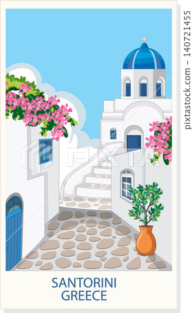 Mediterranean Village Vector Illustration with White Buildings and Blue Dome Mediterranean Village Vector Illustration with White Buildings and Blue Dome 140721455