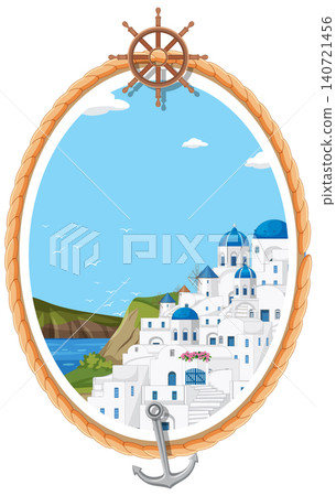 Mediterranean Coastal Village Illustration in Nautical Rope Frame with Anchor Mediterranean Coastal Village Illustration in Nautical Rope Frame with Anchor 140721456