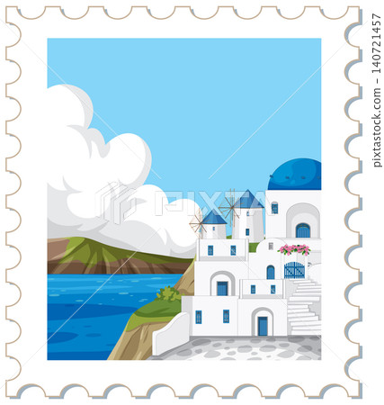 Mediterranean Coastal Village Postage Stamp Illustration with Windmills and Blue Domes 140721457