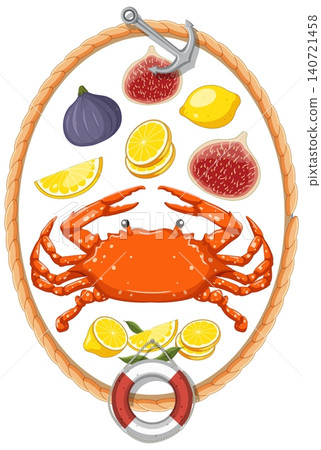 Mediterranean Seafood and Fruit Vector Illustration with Rope Border 140721458