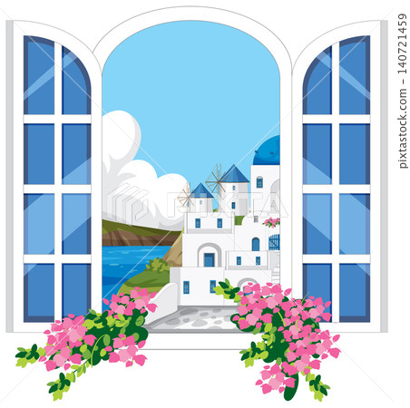 Scenic Mediterranean Village View from an Open Window with Bougainvillea 140721459