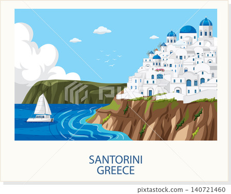 Mediterranean Coastal Village Illustration with White Houses and Blue Domes 140721460