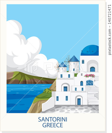 Mediterranean Coastal Village Illustration with White Buildings and Blue Domes Mediterranean Coastal Village Illustration with White Buildings and Blue Domes 140721471