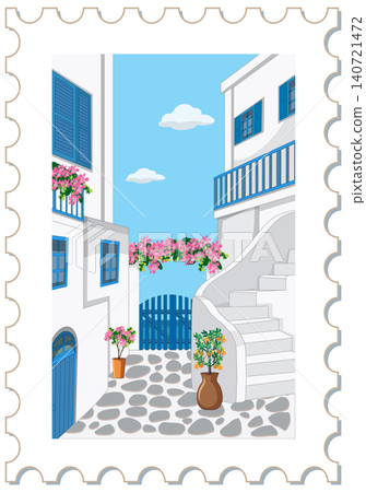Mediterranean Village Street Scene Vector Illustration on Postage Stamp Mediterranean Village Street Scene Vector Illustration on Postage Stamp 140721472