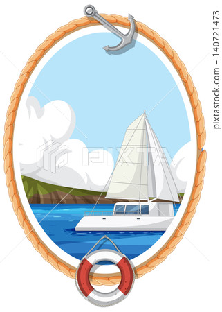 Nautical Sailing Illustration with Catamaran in Rope Frame with Anchor Nautical Sailing Illustration with Catamaran in Rope Frame with Anchor 140721473