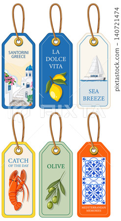 Mediterranean Theme Travel and Food Luggage Tag Vector Illustration Set Mediterranean Theme Travel and Food Luggage Tag Vector Illustration Set 140721474