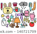 Vector illustrations of kid drawing elements such as bunny, cherry jam jar, gloomy dark cloud and rain, toothbrush, heart angel wings, tulip flowers, dog bone, hair dryer, home lamp, tumbler, milk jar 140721709