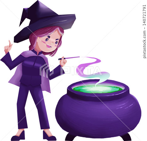 Halloween Witch Girl Holding Wand Stirring Glowing Green Magic Halloween Witch Girl Holding Wand Stirring Glowing Green Magic 140721791