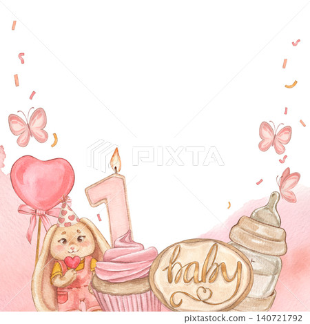 First birthday frame with baby girl cake number one candle heart balloon butterflies and baby lettering. Watercolor illustration suitable for invitations posters packaging nursery decor, baby shower. First birthday frame with baby girl cake number one candle heart balloon butterflies and baby lettering. Watercolor illustration suitable for invitations posters packaging nursery decor, baby shower. 140721792