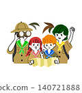 A colorful illustration of a smiling family of four (parents, son, and daughter) exploring in safari attire, equipped with a map and binoculars. 140721888