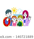 A colorful vector illustration of a smiling family of four (parents, son, and daughter) enjoying the summer beach. 140721889