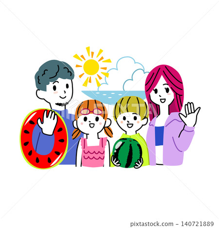 A colorful vector illustration of a smiling family of four (parents, son, and daughter) enjoying the summer beach. 140721889