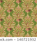 Elegant vintage damask seamless pattern featuring classic floral ornaments on olive green background. Ideal for luxury wallpaper and home decor. 140721932