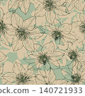 Elegant seamless pattern featuring hand drawn clematis floral sketches on a sage green background. Perfect for luxury textiles, wallpaper, and decor. 140721933