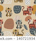 Cute seamless pattern with cartoon tigers and abstract shapes on beige background. Ideal for kids nursery fabric, apparel, and wallpaper. 140721934