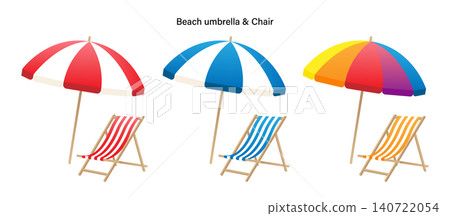 Beach umbrella and beach chair illustration set, vector, summer, white background. Beach umbrella and beach chair illustration set, vector, summer, white background. 140722054