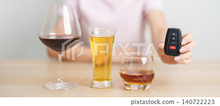 Responsible woman reject a drink before driving for road safety, stop hand gesture to refuse a glass of wine, beer, whiskey or cognac and car remote. Avoid drink and drive, Drunk Driving Law concept 140722223