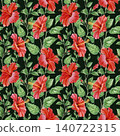 Red hibiscus flowers and branches in beautiful watercolor seamless pattern. 140722315