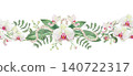 White orchid flowers and garland of pearls in beautiful watercolor horizontal seamless border. Hand drawn tropical blooming plants. Realistic drawing isolated on transparent background. 140722317
