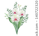 Watercolor botanical bouquet with three white phalaenopsis orchids, green leaves, and eucalyptus branches 140722320